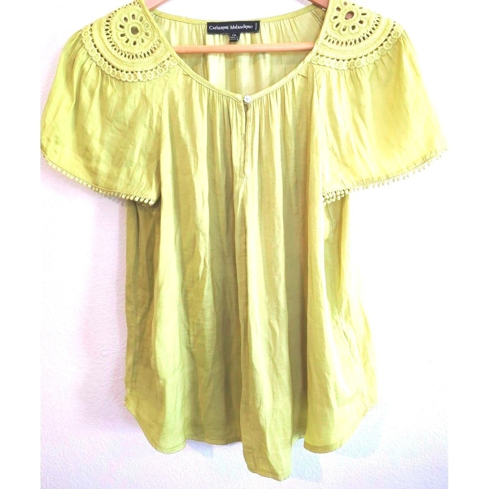 Petite Medium Chartreuse Peasant Blouse Crochet Lace Boho Top